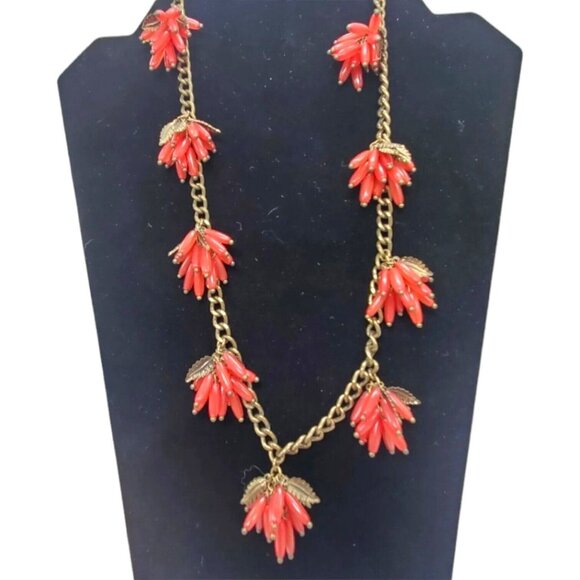 BabelBar Pink Coral Bead Cluster Tassel Necklace Gold Tone Chain Leaf 28"+3" - Picture 2 of 6